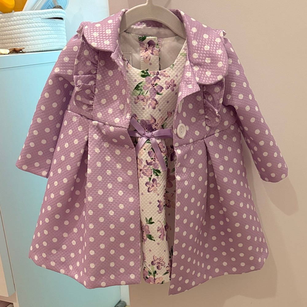 IRIS & IVY Purple Polka Dot Coat with Floral Dress